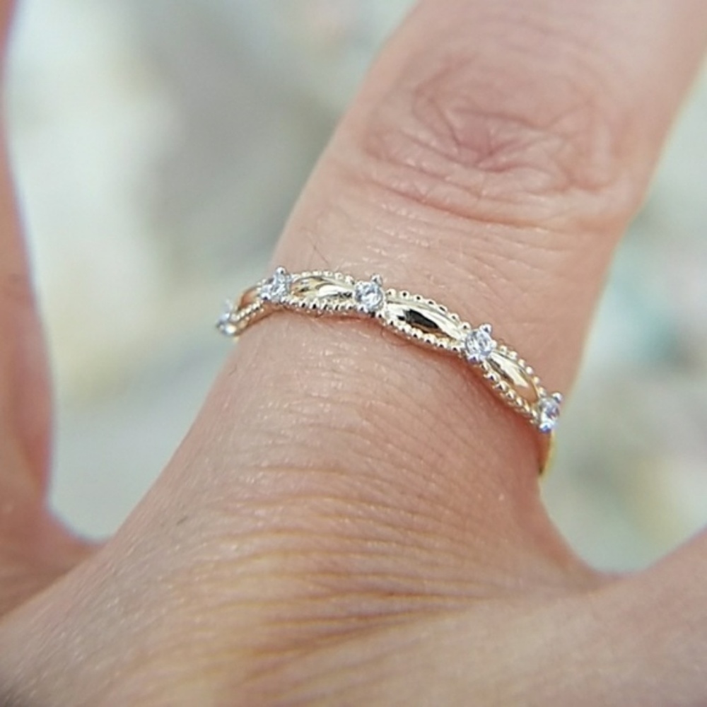 14k Gold dainty Wedding Band Stackable CZ Ring - Picture 5 of 8